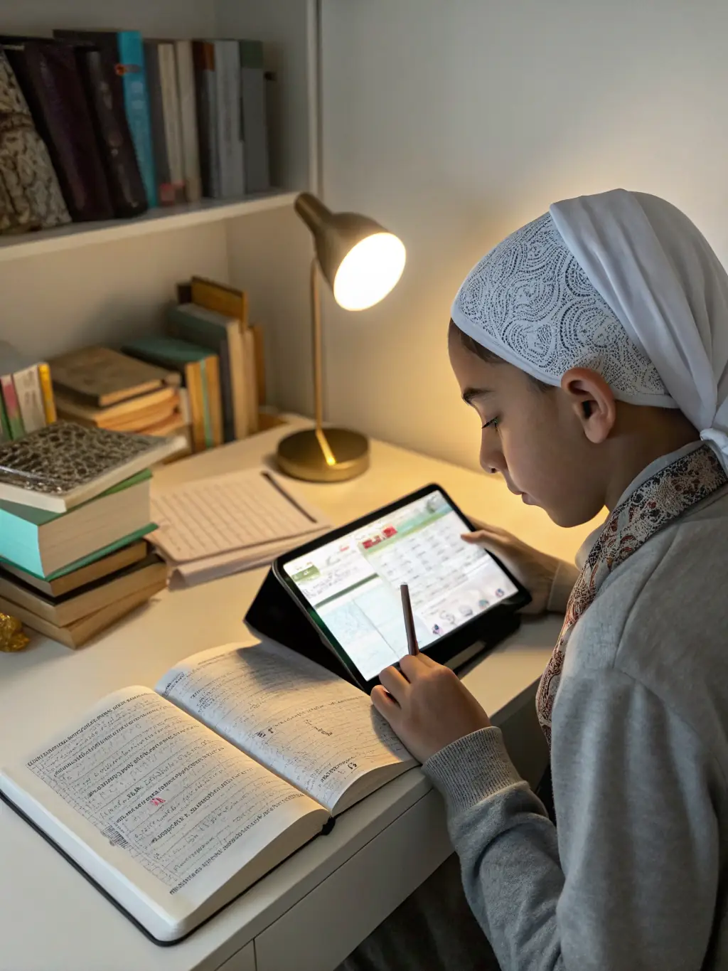 A student reviewing notes on a tablet while comfortably seated, representing the flexibility of recorded sessions in the Student of Knowledge Program.